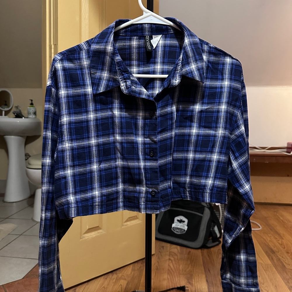 Blue Plaid Cropped Button-Up Shirt